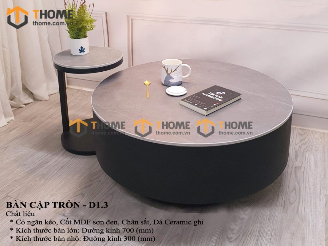 Bàn sofa nhập khẩu gỗ công nghiệp mặt đá hình tròn mẹ bồng con BSF-07NK