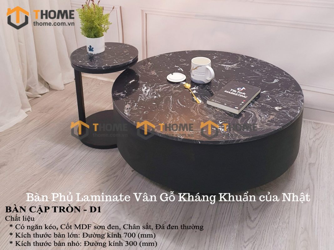 Bàn sofa nhập khẩu gỗ công nghiệp mặt đá hình tròn mẹ bồng con BSF-07NK