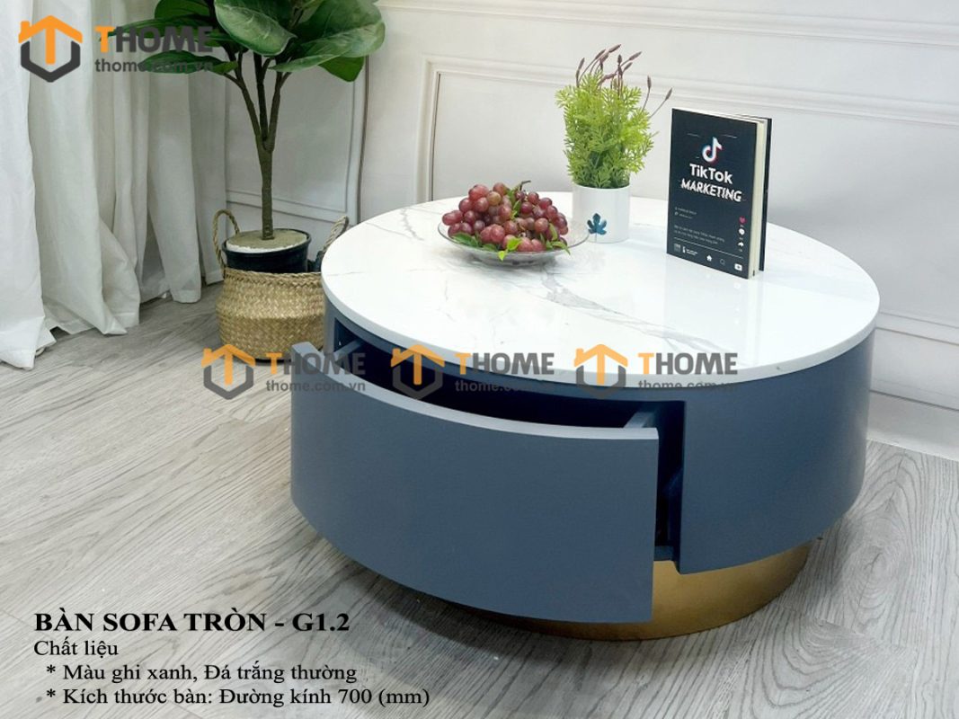 Bàn sofa nhập khẩu gỗ công nghiệp mặt đá hình tròn kín chân BSF-01NK