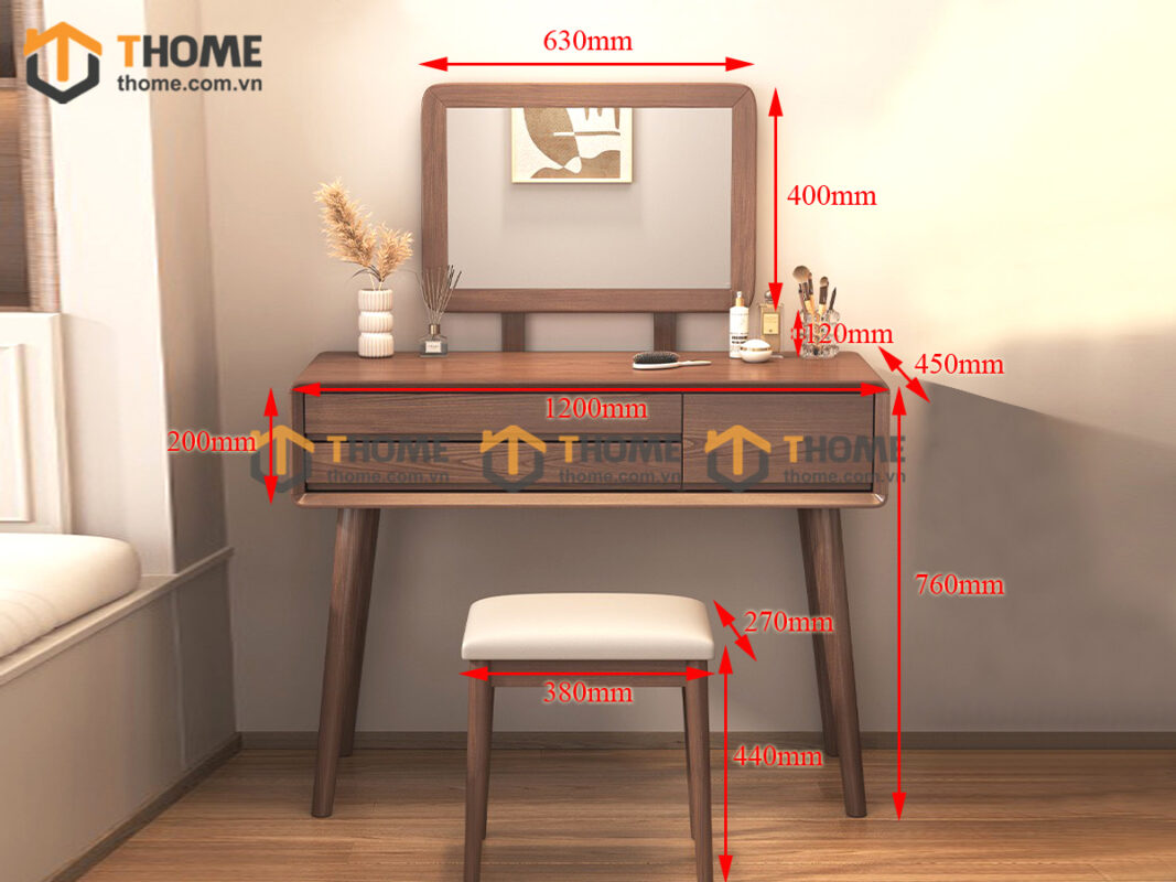 Bàn Trang Điểm Gỗ Sồi Tự Nhiên Cogo Gương Có Cây Chống Thẳng 1.2m BTD-06SN