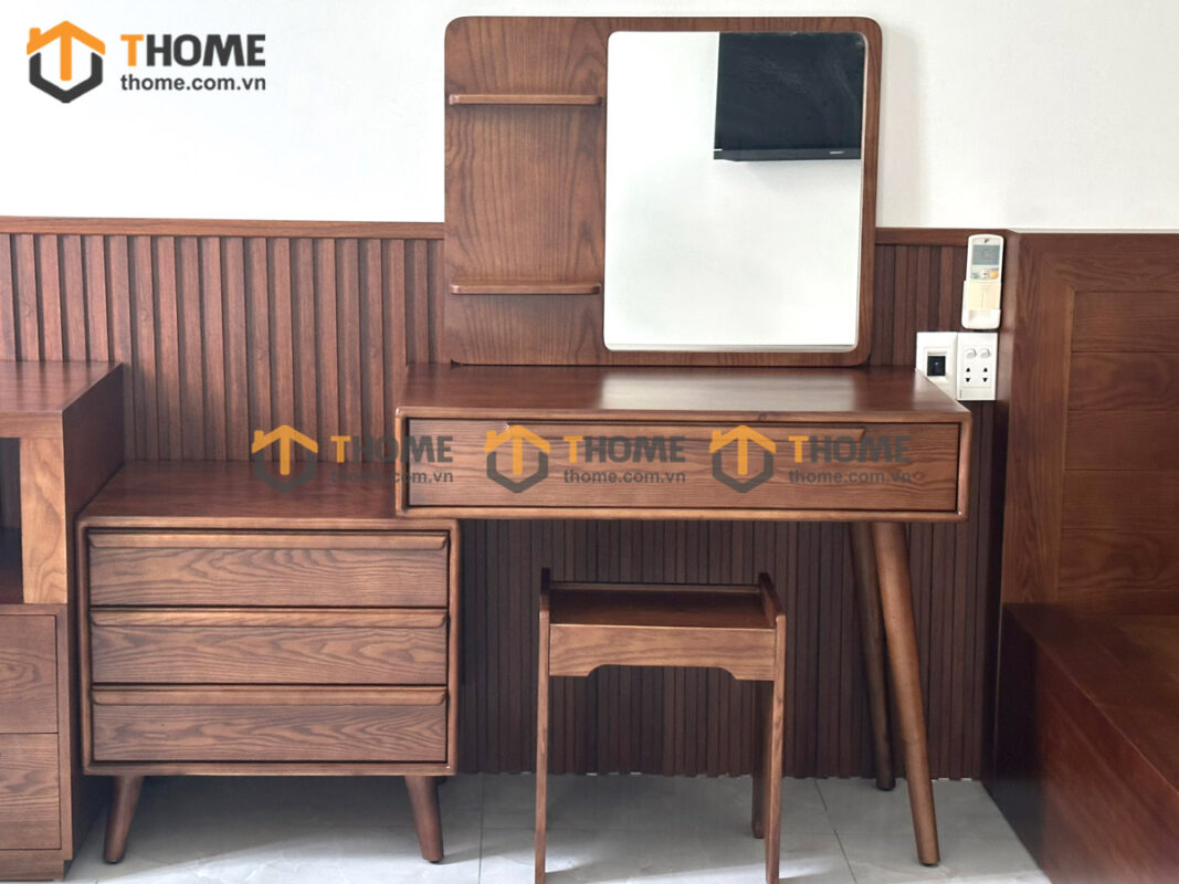 Bàn Trang Điểm Gỗ Sồi Tự Nhiên Nova thọa lệch kệ có tầng BTD-04SN