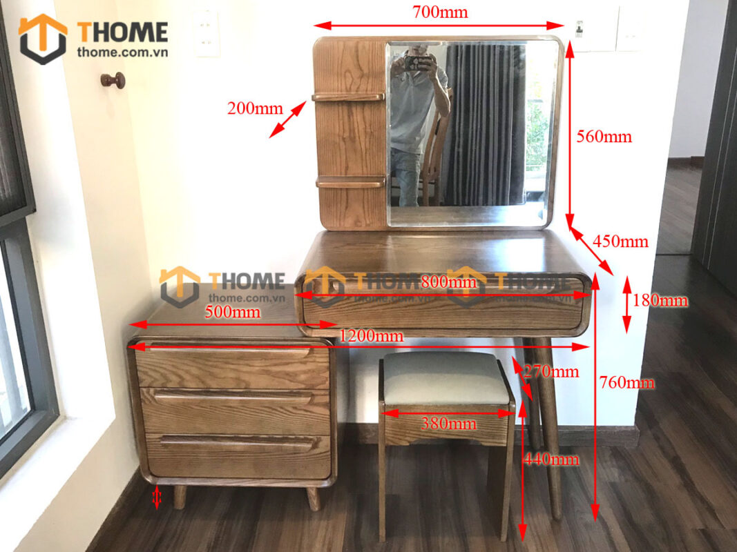 Bàn Trang Điểm Gỗ Sồi Tự Nhiên Nova thọa lệch kệ có tầng BTD-04SN