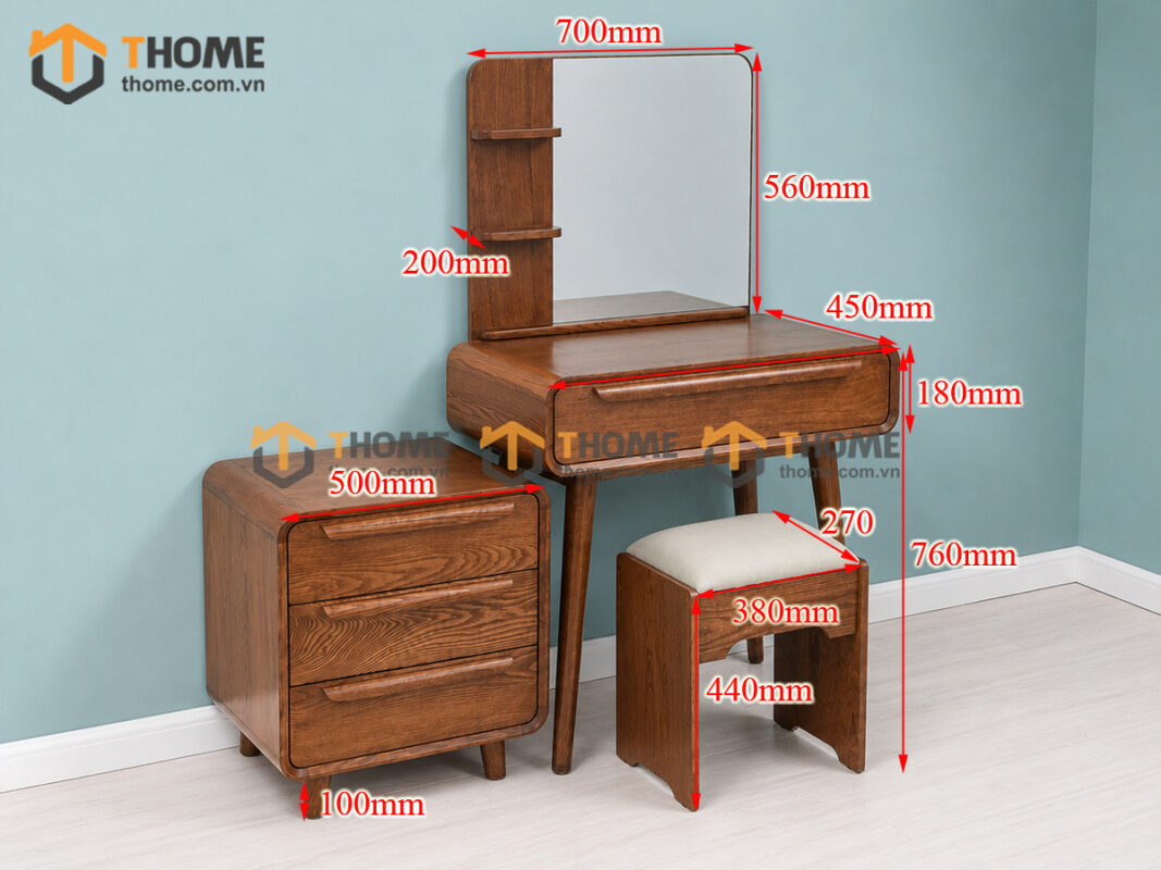 Bàn Trang Điểm Gỗ Sồi Tự Nhiên Nova thọa lệch kệ có tầng BTD-04SN