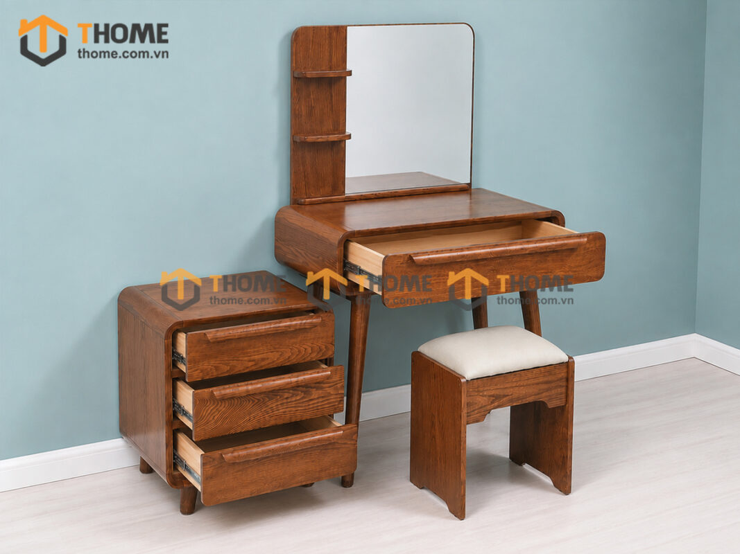Bàn Trang Điểm Gỗ Sồi Tự Nhiên Nova thọa lệch kệ có tầng BTD-04SN