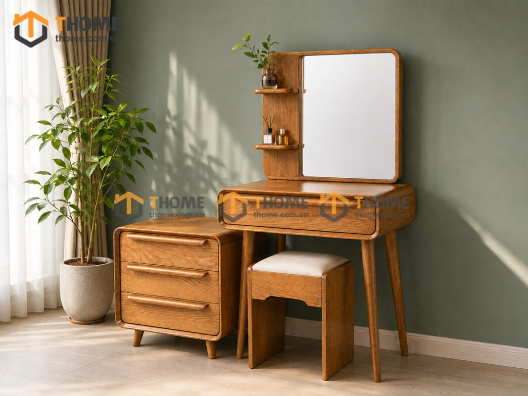 Bàn Trang Điểm Gỗ Sồi Tự Nhiên Nova thọa lệch kệ có tầng BTD-04SN