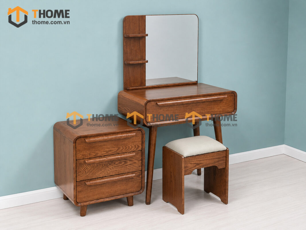 Bàn Trang Điểm Gỗ Sồi Tự Nhiên Nova thọa lệch kệ có tầng BTD-04SN