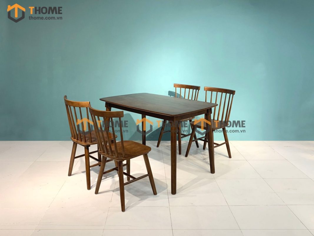 Bộ bàn ăn gỗ me tây tự nhiên 4 ghế 7 nan BBA4-09CS