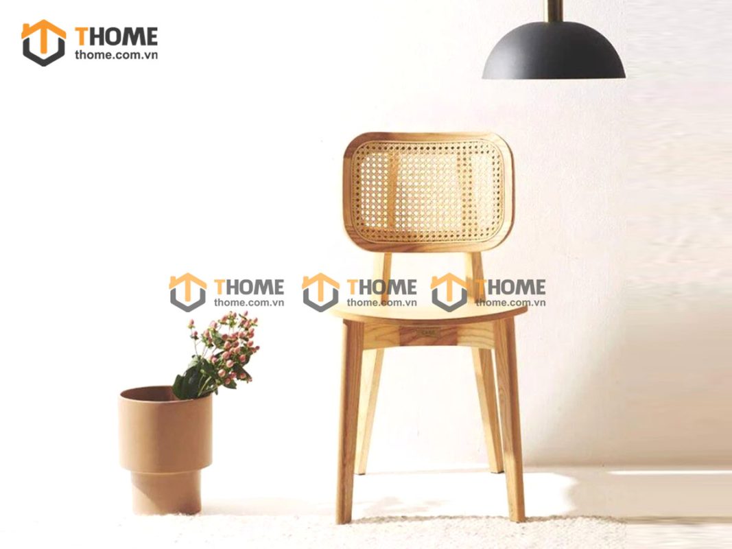 Ghế ăn gỗ sồi tự nhiên đan mây CH301 mặt gỗ tựa vuông nhỏ GHEMM-10SN