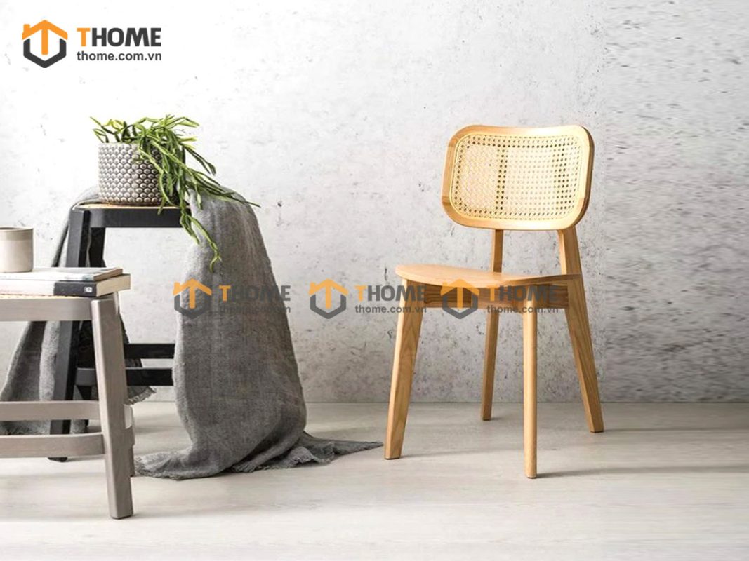 Ghế ăn gỗ sồi tự nhiên đan mây CH301 mặt gỗ tựa vuông nhỏ GHEMM-10SN