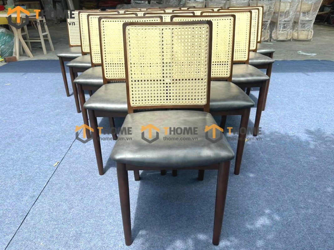Ghế ăn gỗ sồi tự nhiên đan mây Mila mặt nệm tựa vuông màu óc chó GHEMM-09SN