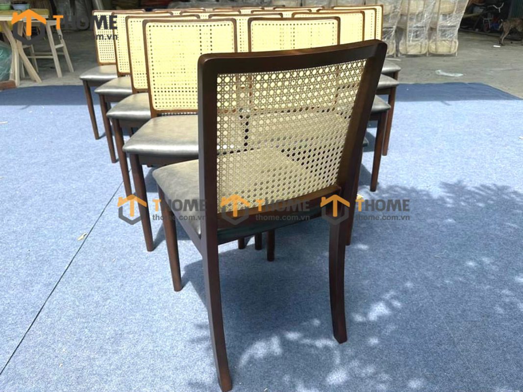 Ghế ăn gỗ sồi tự nhiên đan mây Mila mặt nệm tựa vuông màu óc chó GHEMM-09SN