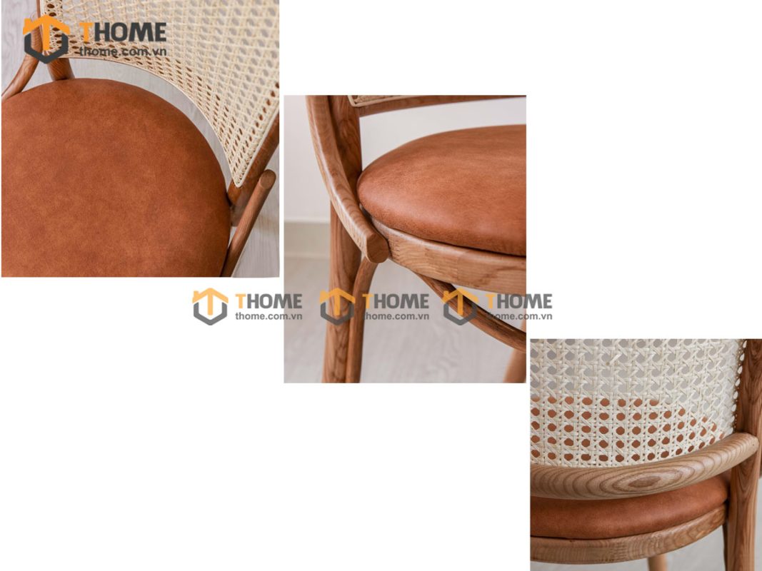 Ghế ăn gỗ sồi tự nhiên đan mây Russol mặt tròn nệm tựa vòm GHEMM-04SN