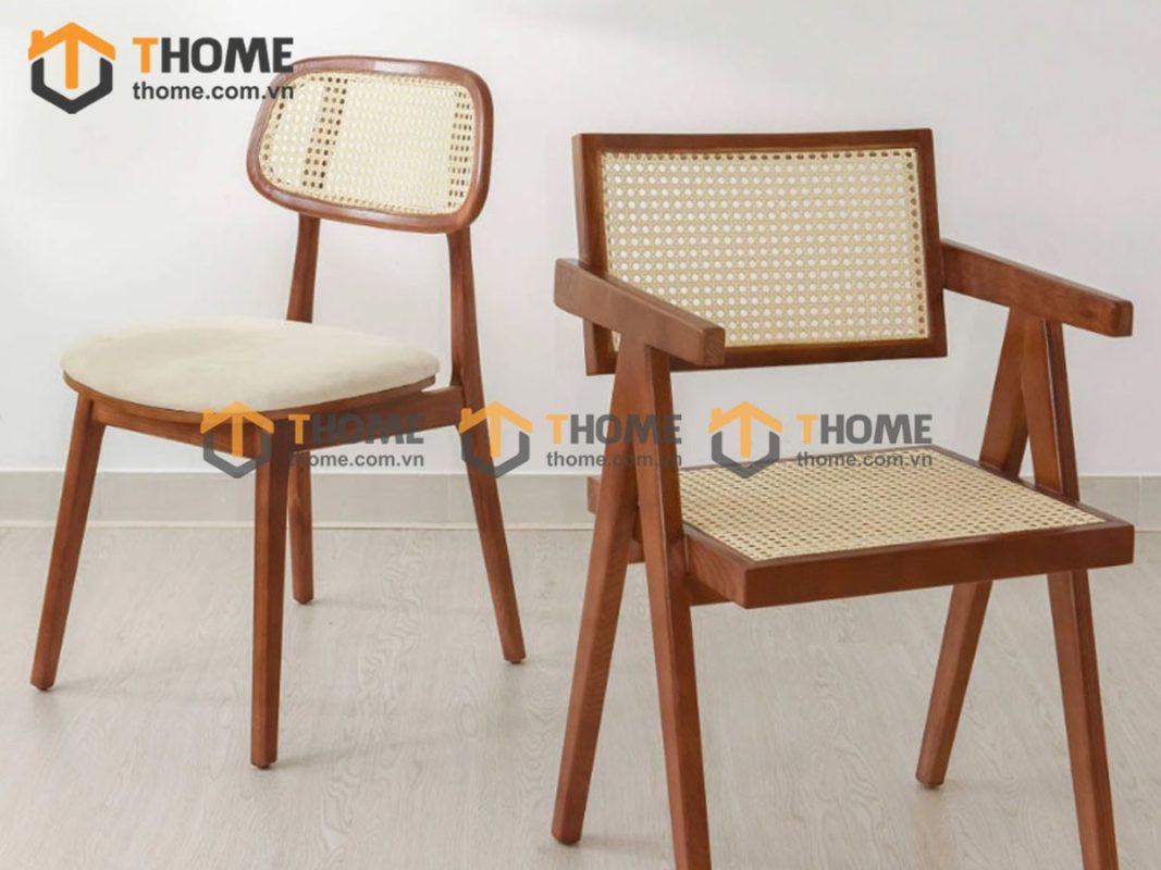 Ghế ăn gỗ sồi tự nhiên đan mây SH có tay GHEMM-14SN