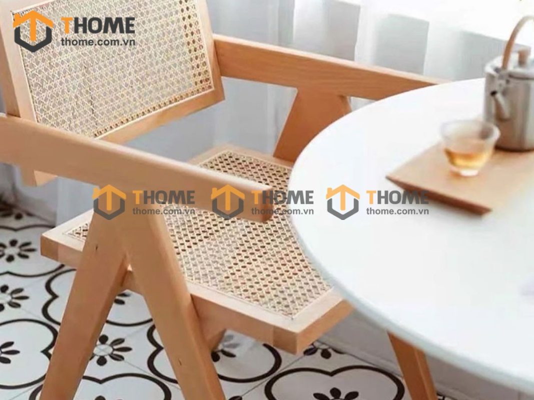 Ghế ăn gỗ sồi tự nhiên đan mây SH có tay GHEMM-14SN