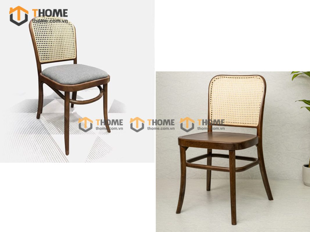 Ghế ăn gỗ sồi tự nhiên đan mây Thonet 811 mặt tròn gỗ tựa vòm màu óc chó GHEMM-06SN