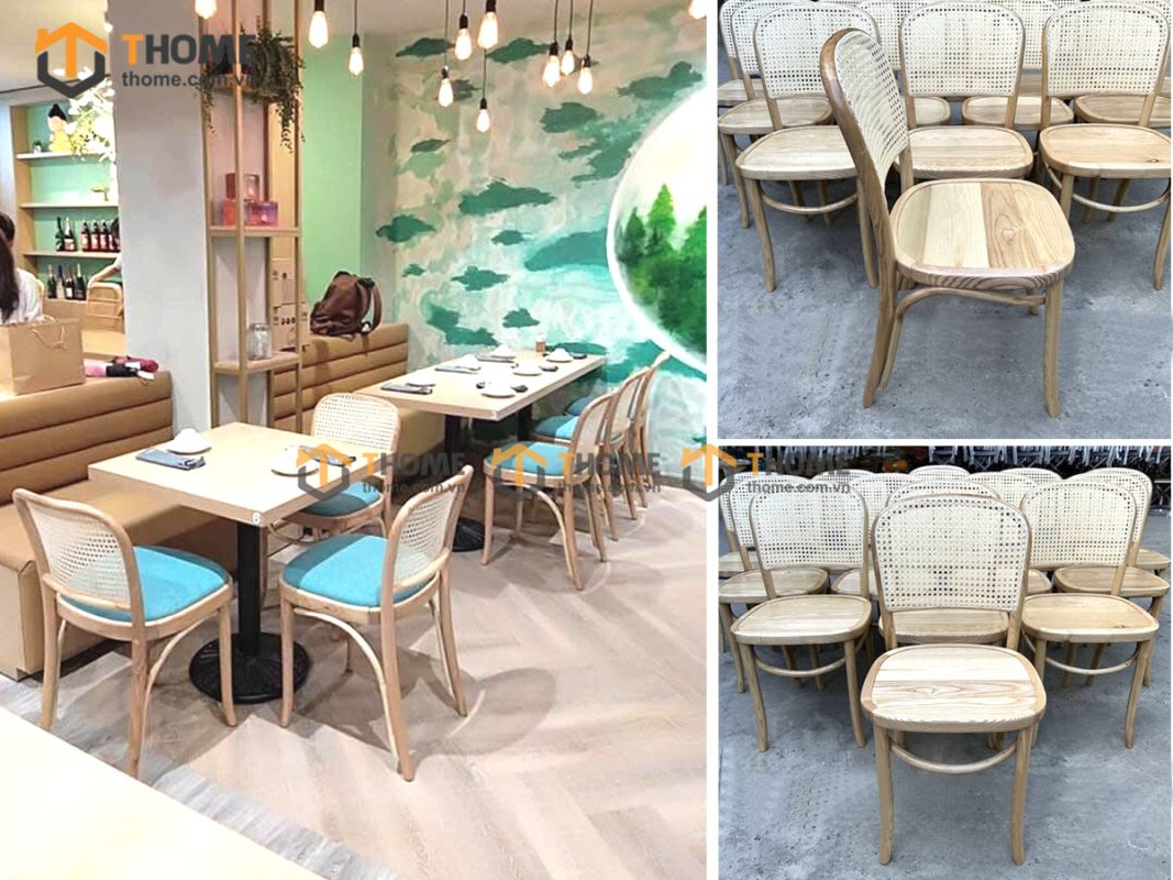Ghế ăn gỗ sồi tự nhiên đan mây Thonet 811 mặt tròn gỗ tựa vòm màu tự nhiên GHEMM-05SN