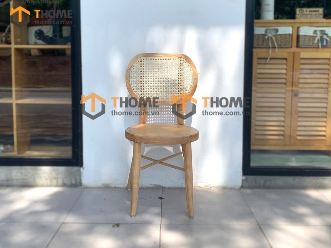 Ghế ăn gỗ sồi tự nhiên đan mây Thonet mặt tròn gỗ tựa oval GHEMM-01SN