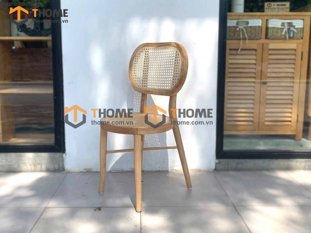 Ghế ăn gỗ sồi tự nhiên đan mây Thonet mặt tròn gỗ tựa oval GHEMM-01SN