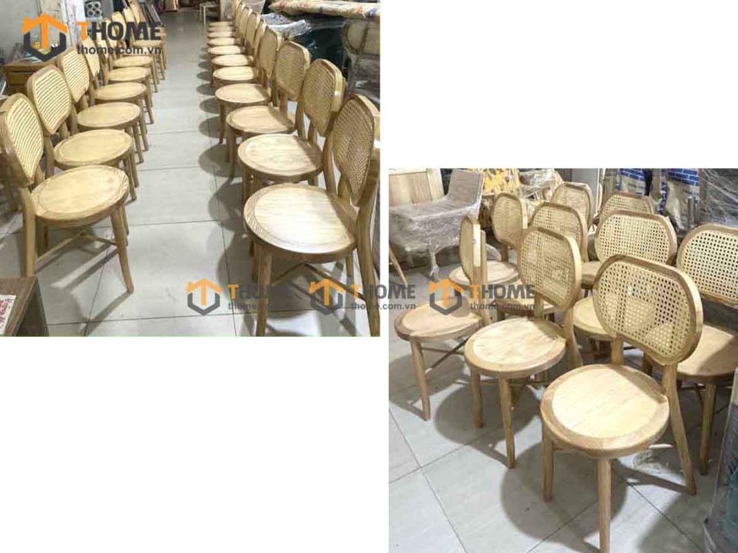 Ghế ăn gỗ sồi tự nhiên đan mây Thonet mặt tròn gỗ tựa oval GHEMM-01SN