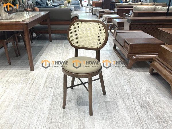 Ghế ăn gỗ sồi tự nhiên đan mây Thonet mặt tròn nệm tựa ovalGHEMM-02SN