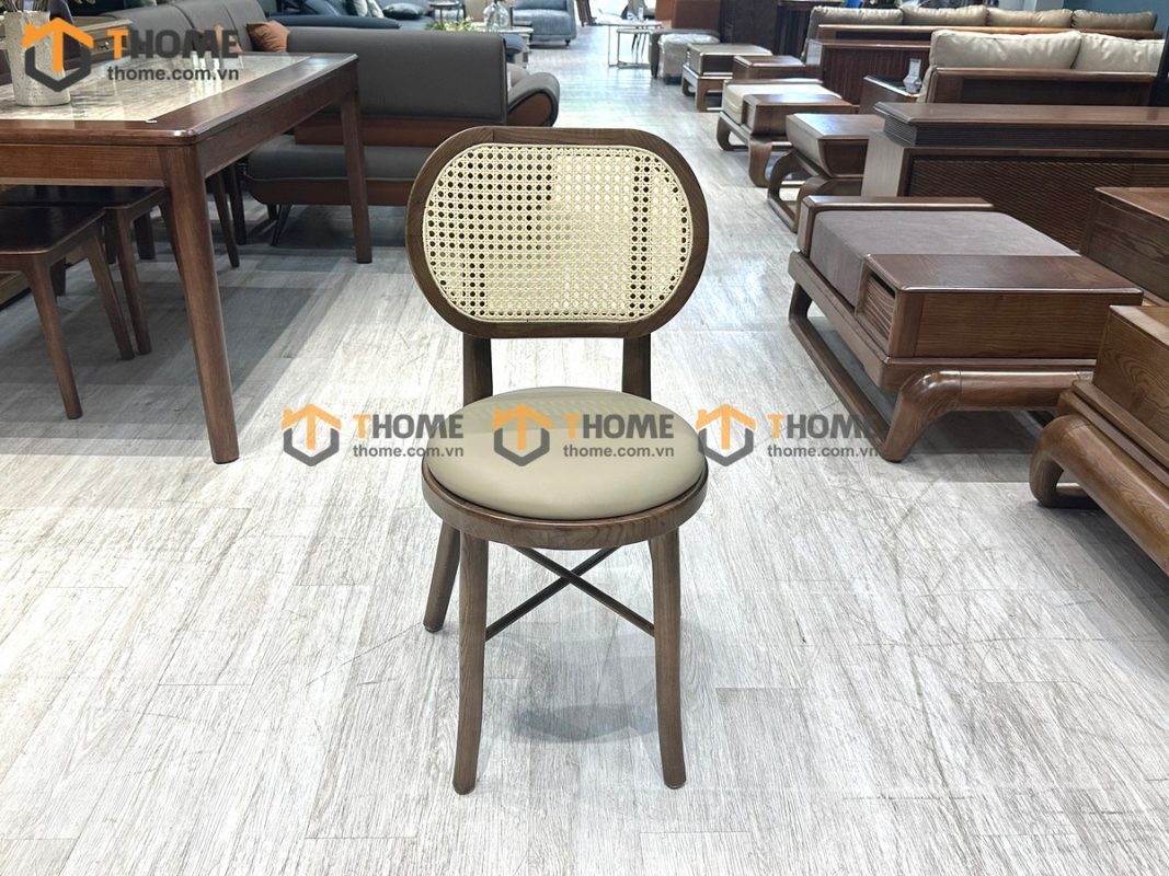 Ghế ăn gỗ sồi tự nhiên đan mây Thonet mặt tròn nệm tựa ovalGHEMM-02SN