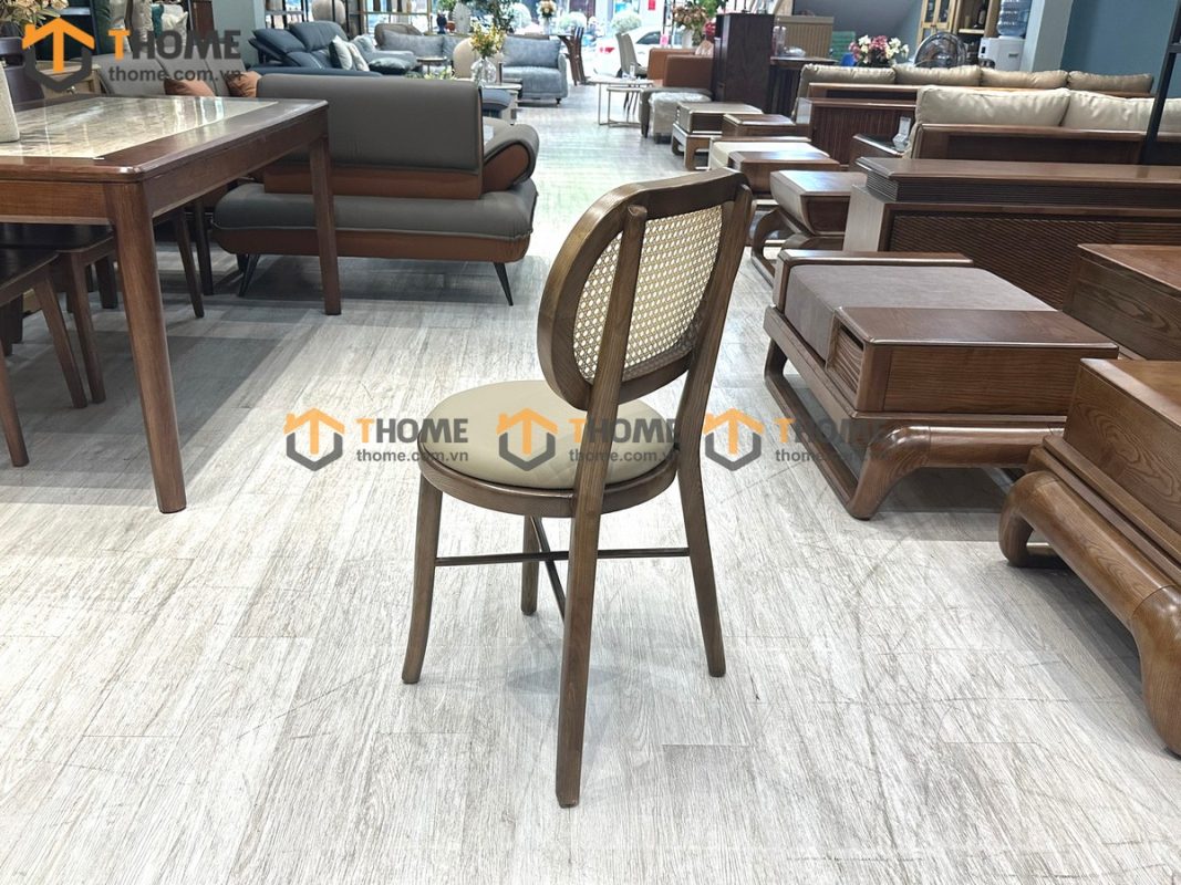 Ghế ăn gỗ sồi tự nhiên đan mây Thonet mặt tròn nệm tựa ovalGHEMM-02SN