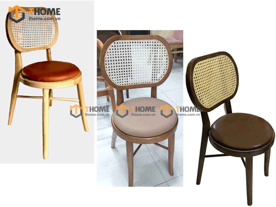 Ghế ăn gỗ sồi tự nhiên đan mây Thonet mặt tròn nệm tựa ovalGHEMM-02SN
