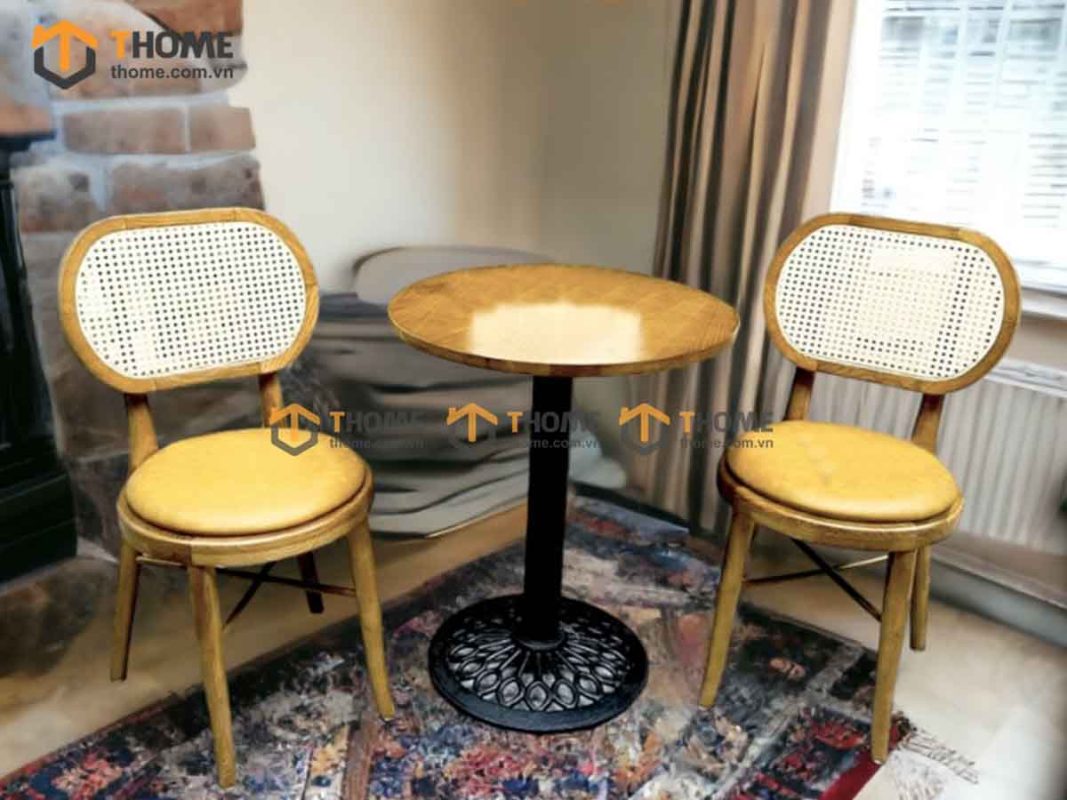 Ghế ăn gỗ sồi tự nhiên đan mây Thonet mặt tròn nệm tựa ovalGHEMM-02SN