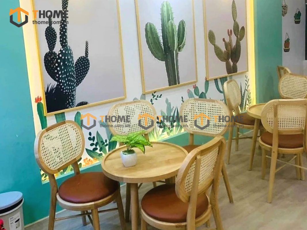 Ghế ăn gỗ sồi tự nhiên đan mây Thonet mặt tròn nệm tựa ovalGHEMM-02SN