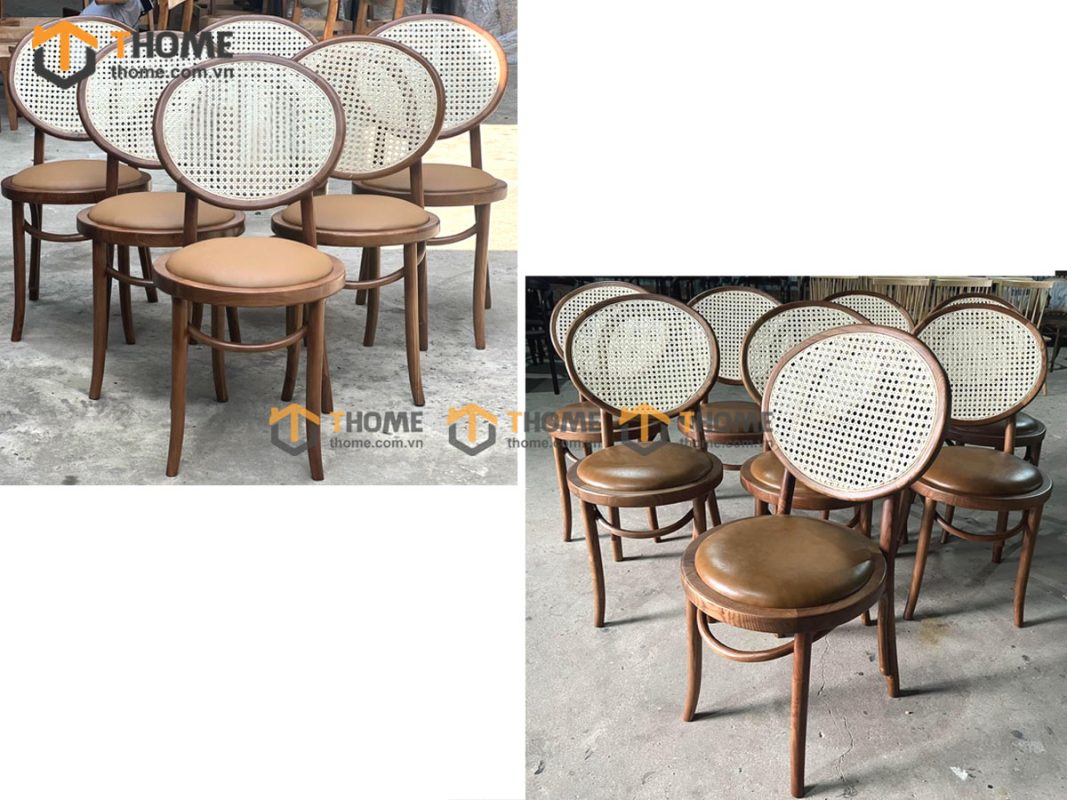 Ghế ăn gỗ sồi tự nhiên đan mây Thonet mặt tròn nệm tựa tròn GHEMM-03SN