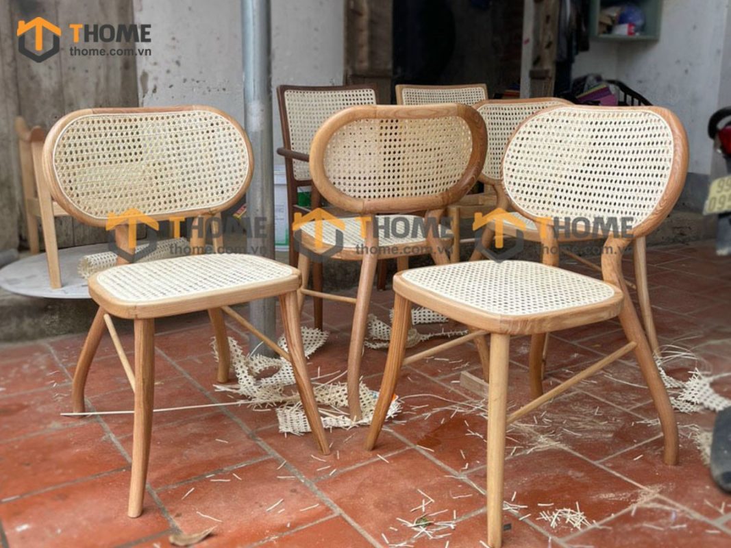 Ghế ăn gỗ sồi tự nhiên đan mây Viena mặt mây tựa oval GHEMM-11SN
