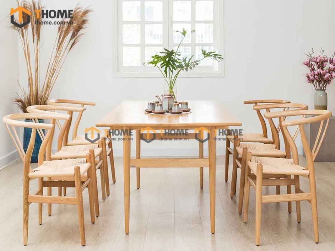 Ghế ăn gỗ sồi tự nhiên đan cói Wishbone màu tự nhiên GHEMC-01SN