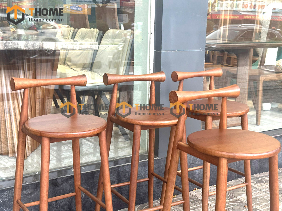 Ghế bar gỗ sồi tự nhiên mặt gỗ tựa tròn yên gỗ GHEBARMG-04SN