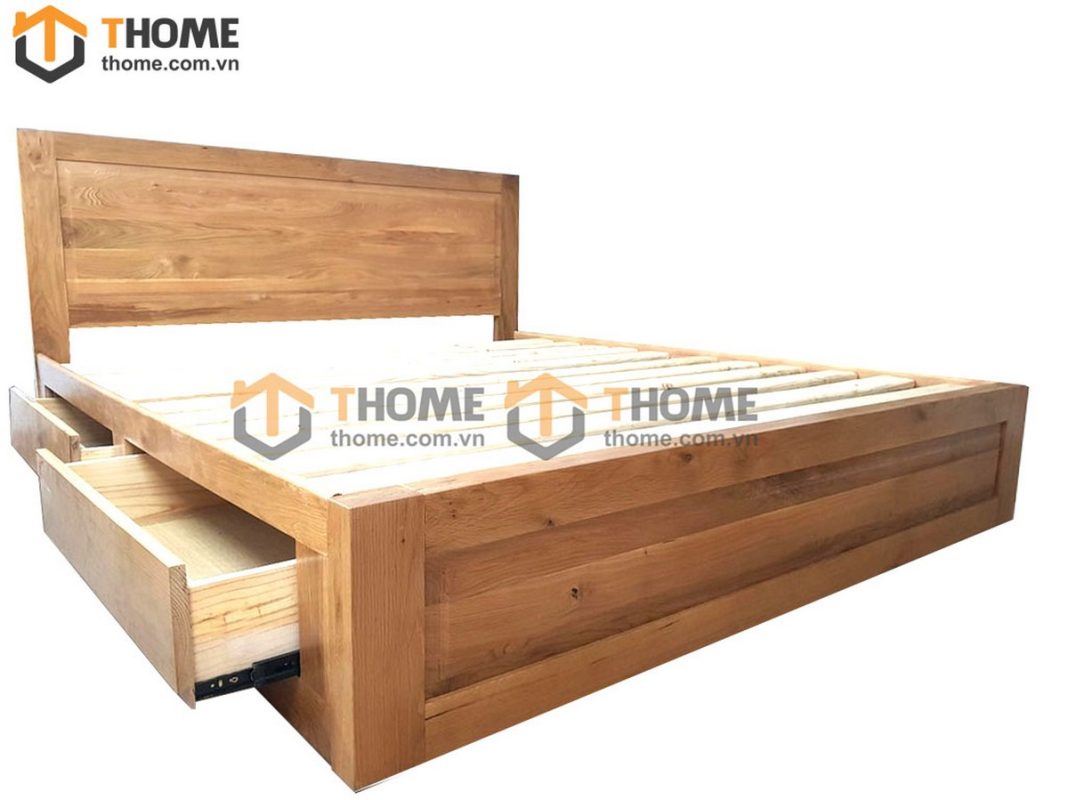Giường ngủ gỗ sồi tự nhiên đầu thẳng 2 hộc kéo GN-04SM