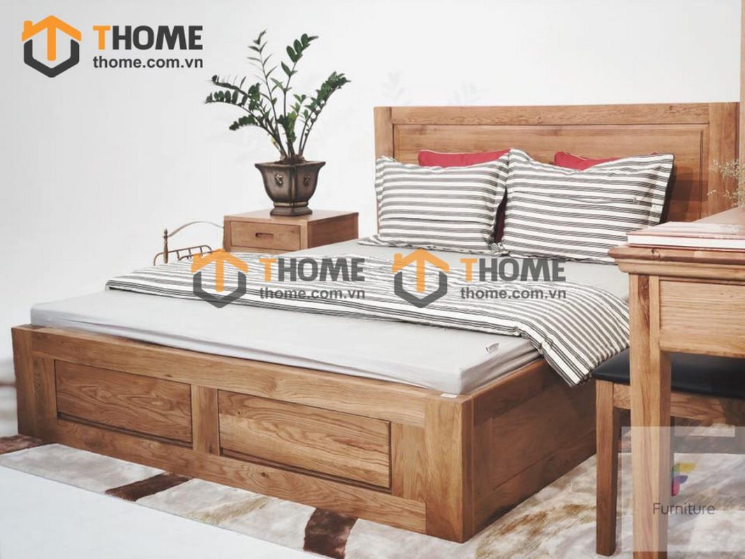 Giường ngủ gỗ sồi tự nhiên đầu thẳng 2 hộc kéo GN-04SM