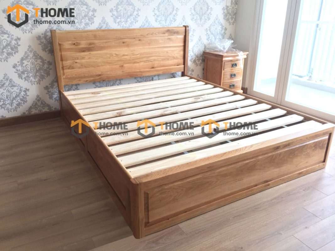 Giường ngủ gỗ sồi tự nhiên đầu thẳng 2 hộc kéo GN-04SM