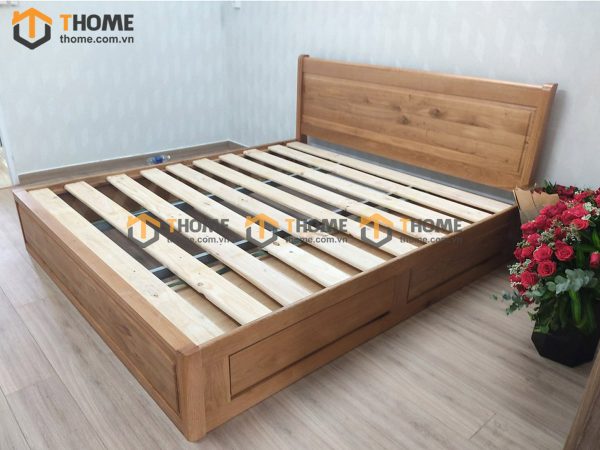 Giường ngủ gỗ sồi tự nhiên đầu thẳng 2 hộc kéo GN-04SM