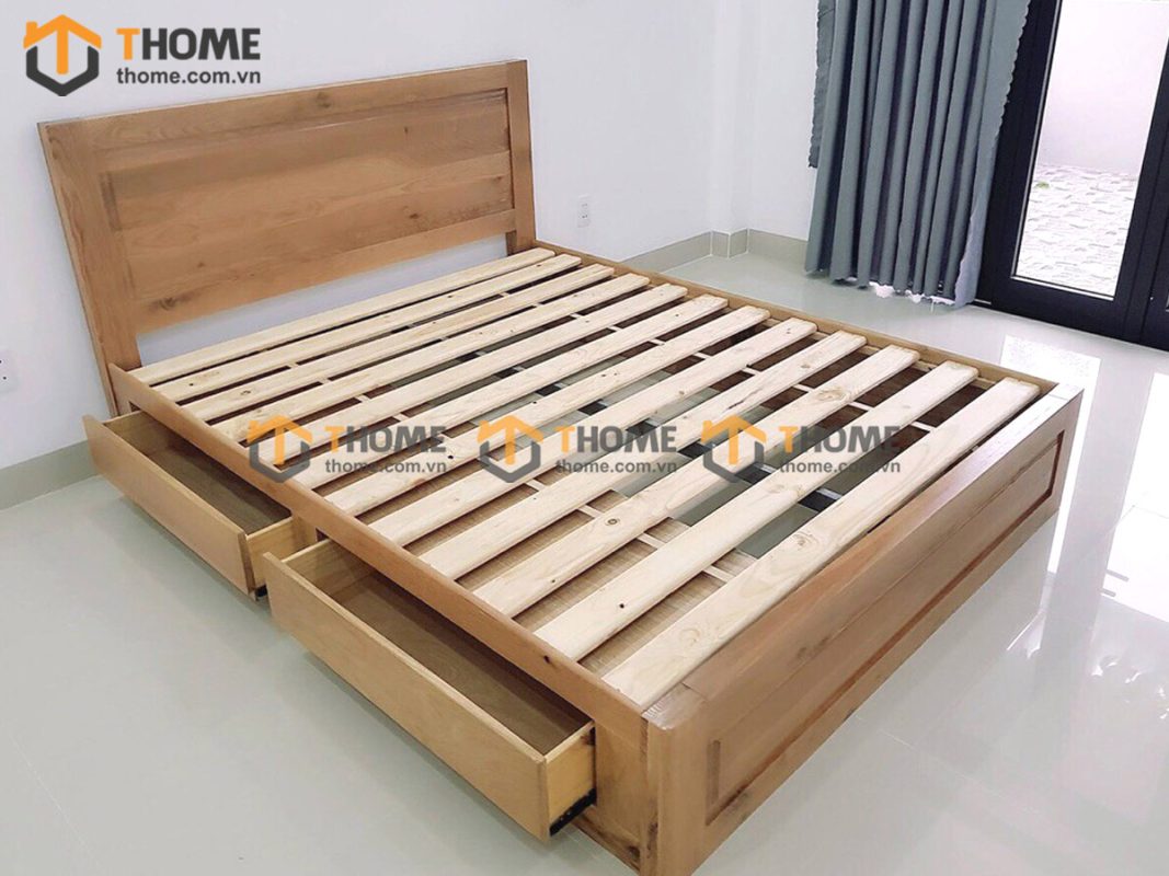 Giường ngủ gỗ sồi tự nhiên đầu thẳng 2 hộc kéo GN-04SM