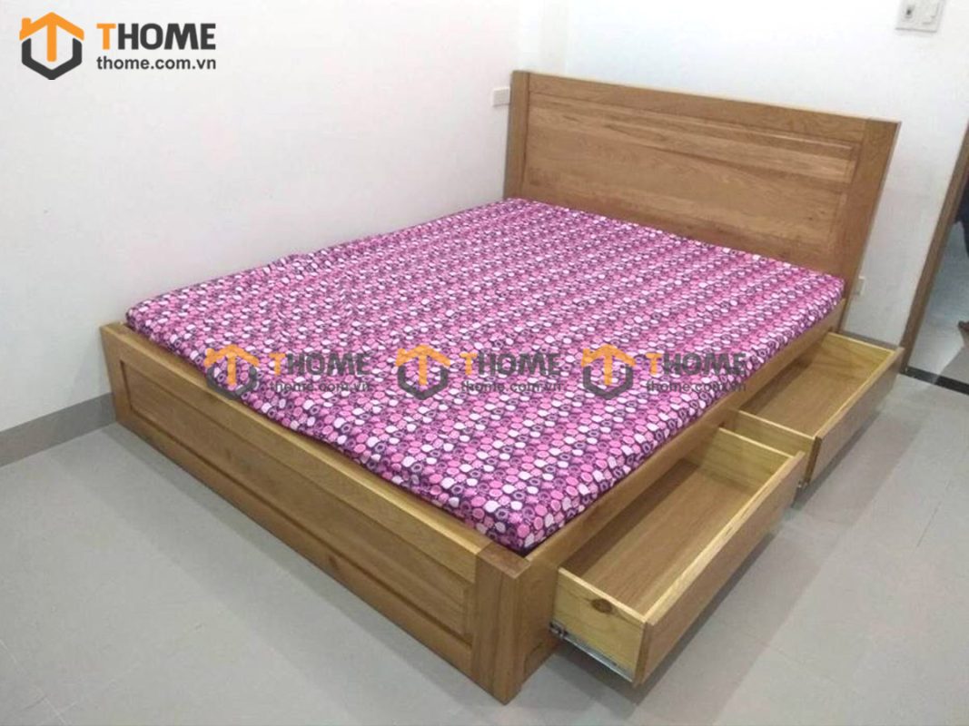 Giường ngủ gỗ sồi tự nhiên đầu thẳng 2 hộc kéo GN-04SM