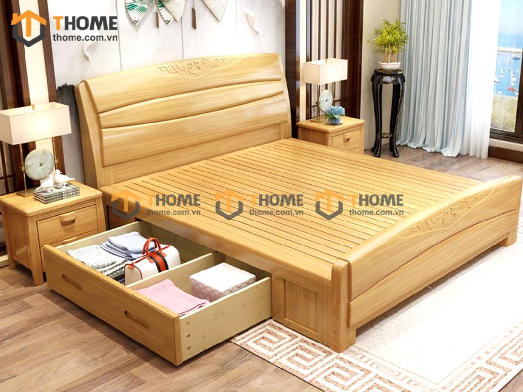 Giường ngủ gỗ sồi tự nhiên 1 hộc kéo lớn GN-04SN