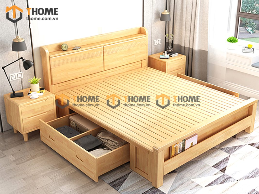 Giường ngủ gỗ sồi tự nhiên 2 hộc kéo 2 bên GN-03SN