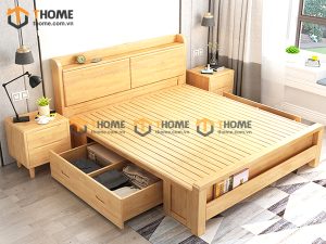 Giường ngủ gỗ sồi tự nhiên 2 hộc kéo 2 bên GN-03SN