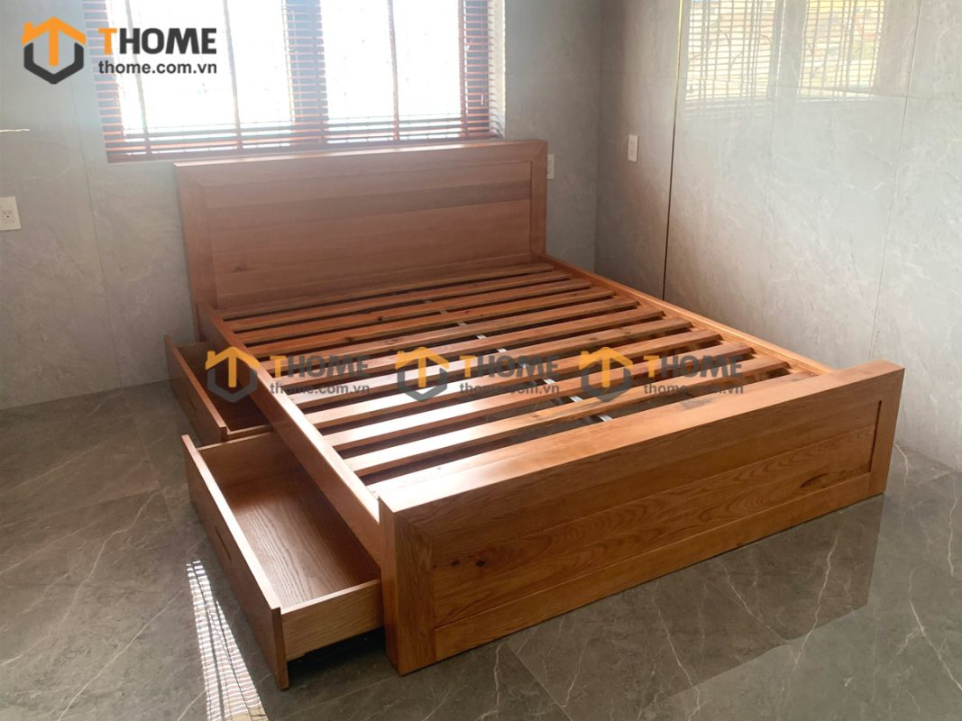 Giường ngủ gỗ sồi tự nhiên 2 hộc kéo Cuba GN-02SN