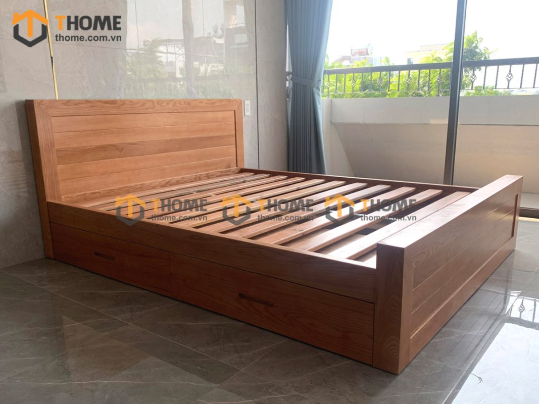 Giường ngủ gỗ sồi tự nhiên 2 hộc kéo Cuba GN-02SN