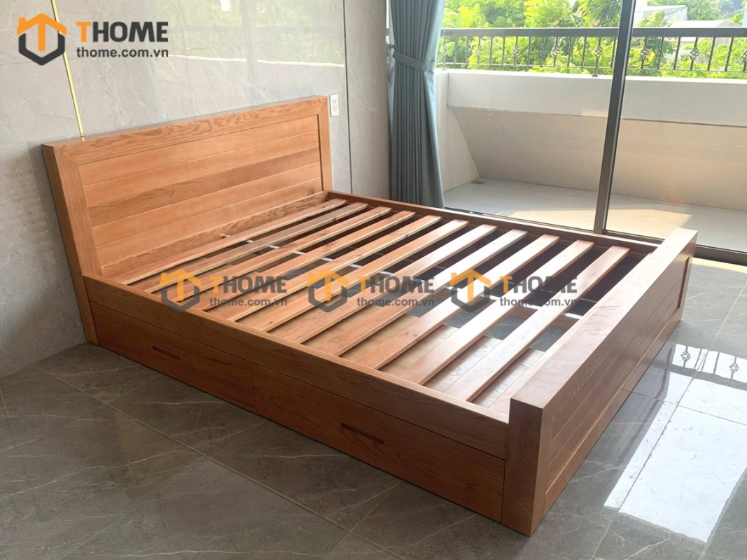 Giường ngủ gỗ sồi tự nhiên 2 hộc kéo Cuba GN-02SN