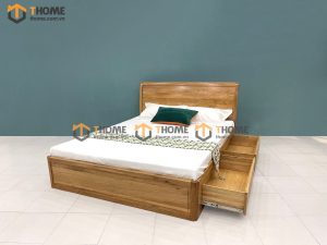 Giường ngủ gỗ sồi tự nhiên Nova đầu cong trơn 2 hộc kéo GN-01SM
