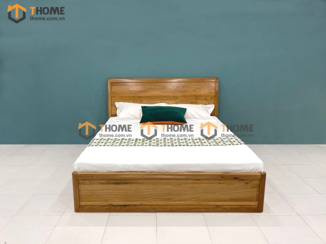 Giường ngủ gỗ sồi tự nhiên Nova đầu cong trơn 2 hộc kéo GN-01SM