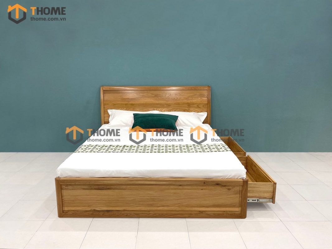 Giường ngủ gỗ sồi tự nhiên Nova đầu cong trơn 2 hộc kéo GN-01SM
