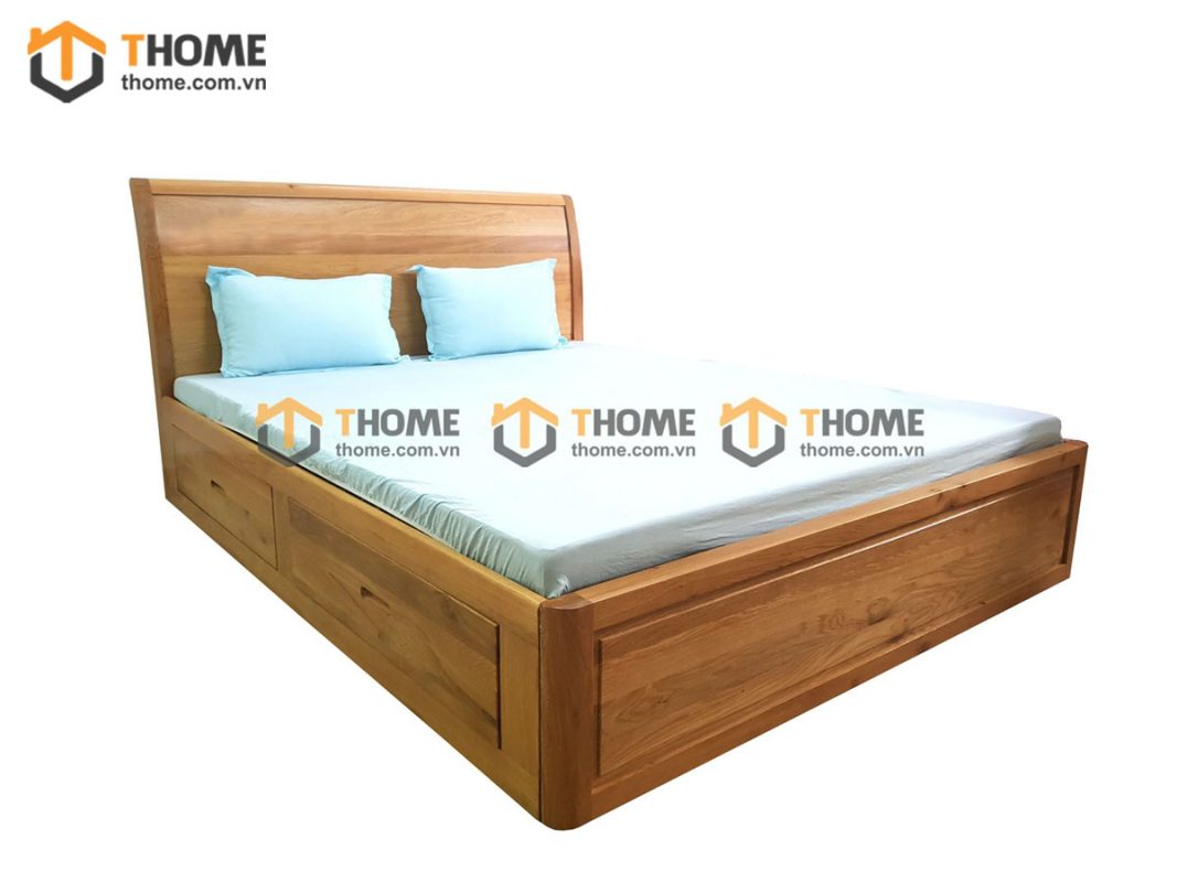 Giường ngủ gỗ sồi tự nhiên Nova đầu cong trơn 2 hộc kéo GN-01SM