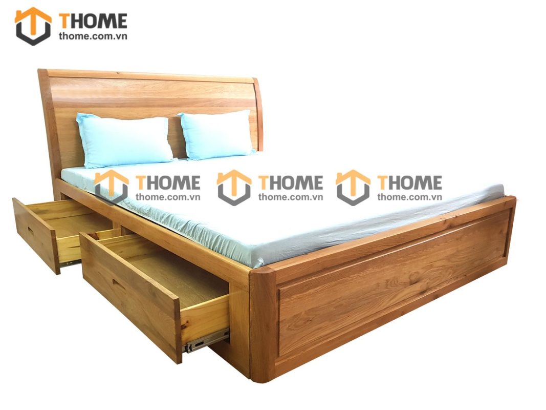 Giường ngủ gỗ sồi tự nhiên Nova đầu cong trơn 2 hộc kéo GN-01SM
